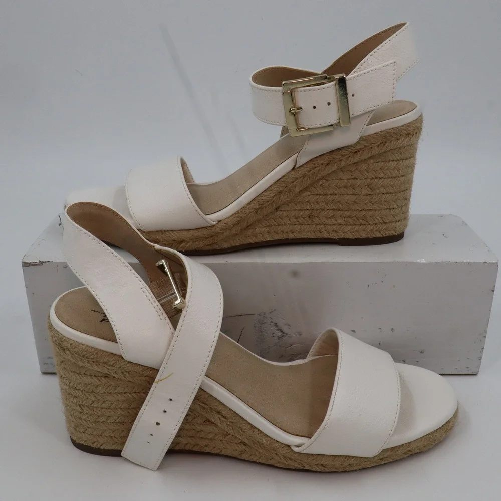 LifeStride Espadrille Wedge Sandals Womens 9.5 White Faux‎ Leather Ankle Strap